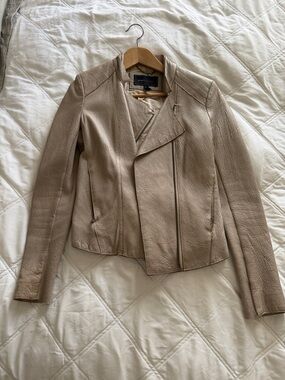 BCBG Taupe Pebbled Leather Asymmetrical Moto Jacket